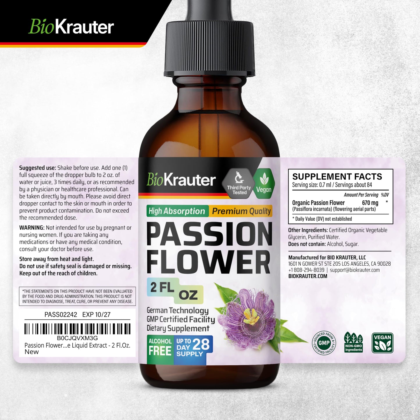 BIO KRAUTER Passionflower Tincture - Passion Flower Extract for Mood Support - Alcohol and Sugar Free - Vegan Drops 2 Fl.Oz.