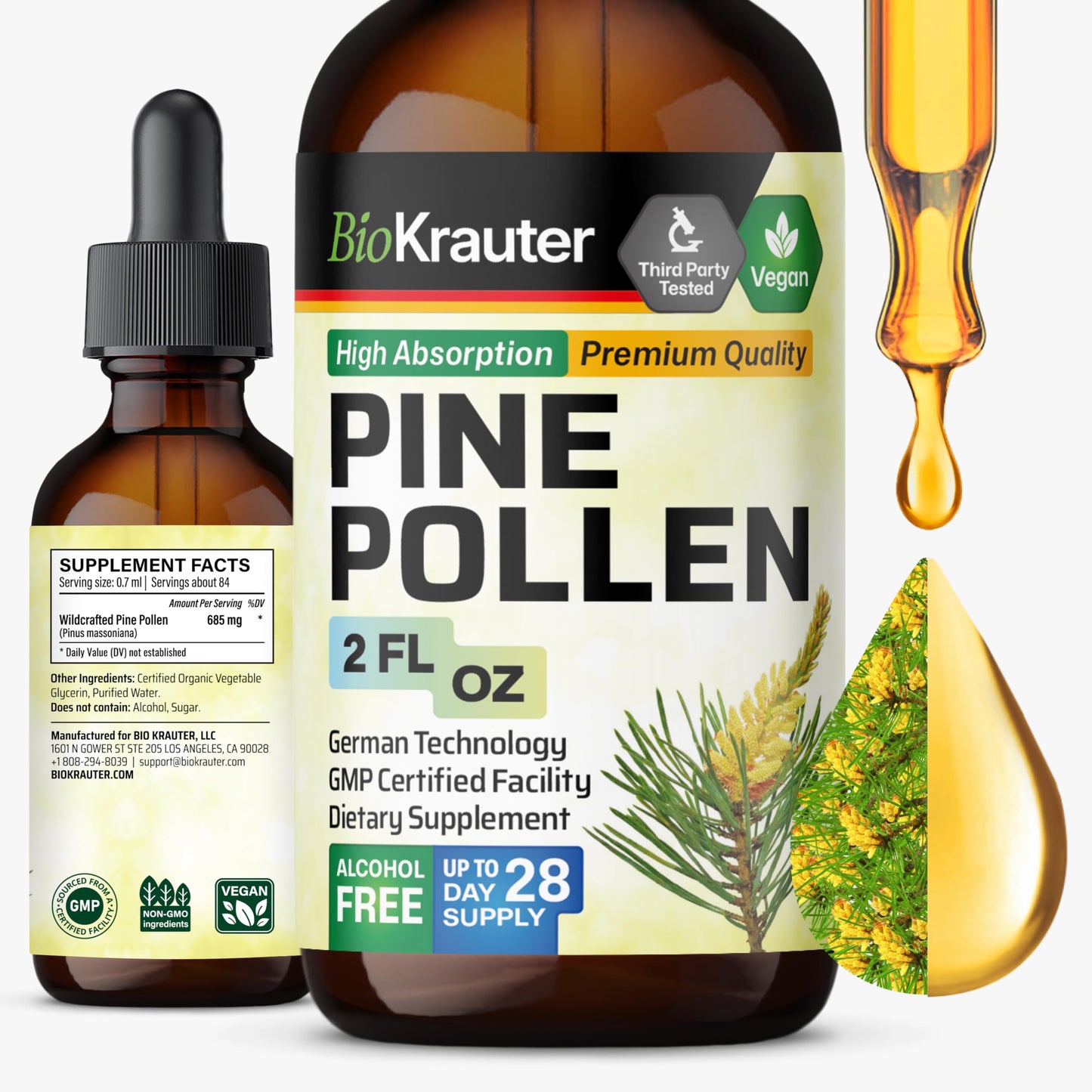 BIO KRAUTER Pine Pollen Tincture | Immune Support Liquid Extract (2 Fl Oz) - Alcohol & Sugar Free