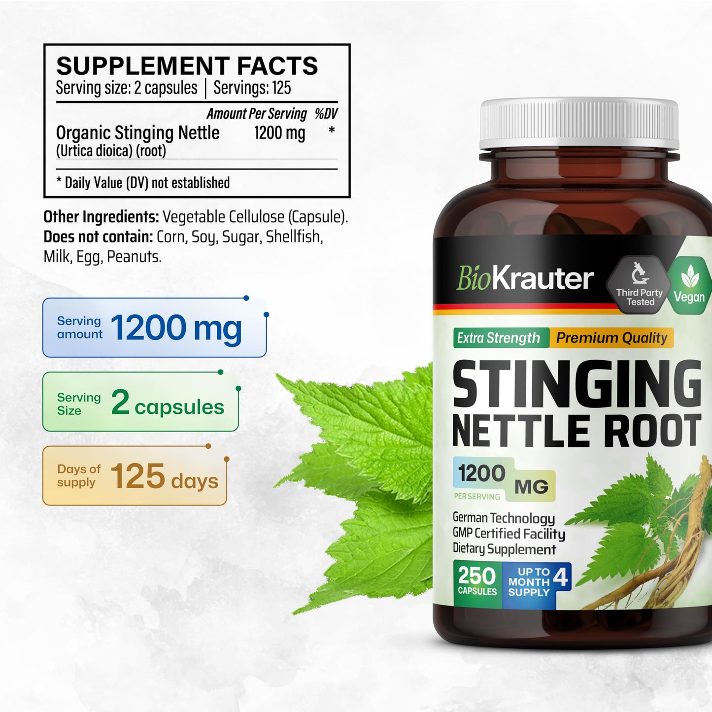 BIO KRAUTER Stinging Nettle Capsules 1200 mg – 250 Urinary Tract & Overall Support Caps – Nettle Root Powder (Urtica Dioica) – Non-GMO – Pack of 2