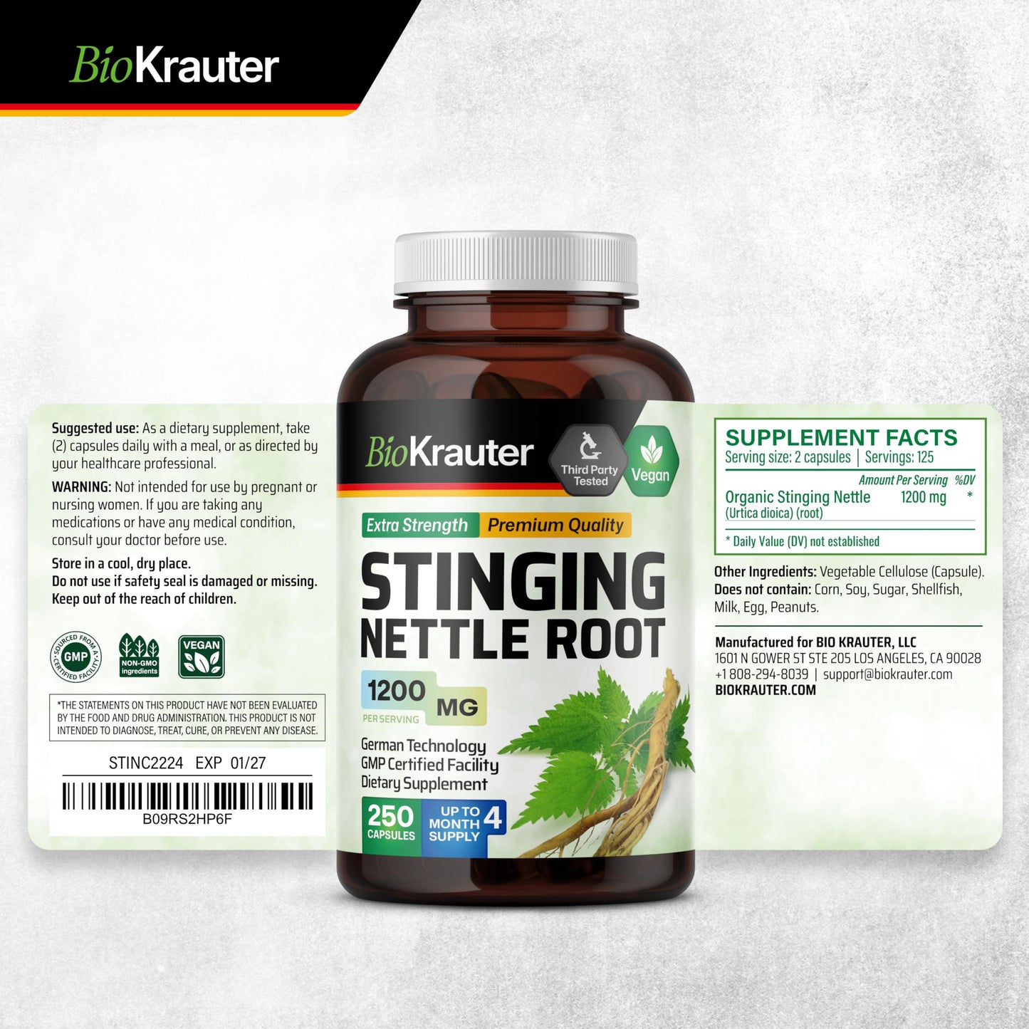 BIO KRAUTER Stinging Nettle Capsules 1200 mg – 250 Urinary Tract & Overall Support Caps – Nettle Root Powder (Urtica Dioica) – Non-GMO – Pack of 2