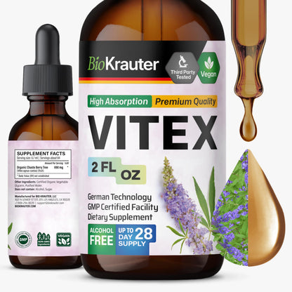 BIO KRAUTER Vitex Chasteberry Supplement for Women & Menopause Support - 2 Fl Oz - Vegan, Non-GMO, Alcohol & Sugar Free
