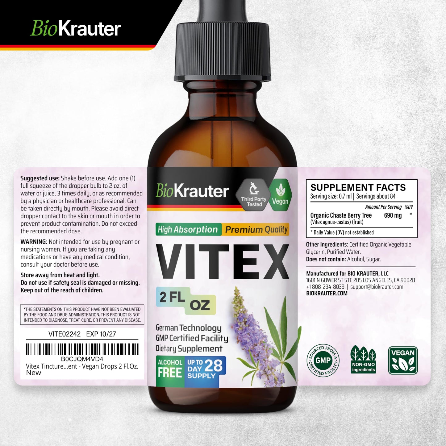 BIO KRAUTER Vitex Chasteberry Supplement for Women & Menopause Support - 2 Fl Oz - Vegan, Non-GMO, Alcohol & Sugar Free
