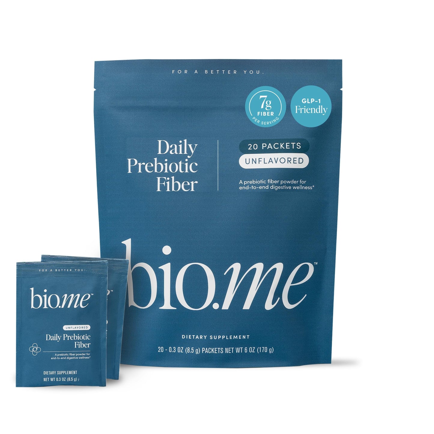 Bio.me Daily Prebiotic Fiber Powder Unflavored — 20 Travel Packs, 7g per Serving