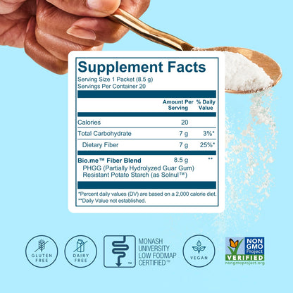 Bio.me Daily Prebiotic Fiber Powder Unflavored — 20 Travel Packs, 7g per Serving