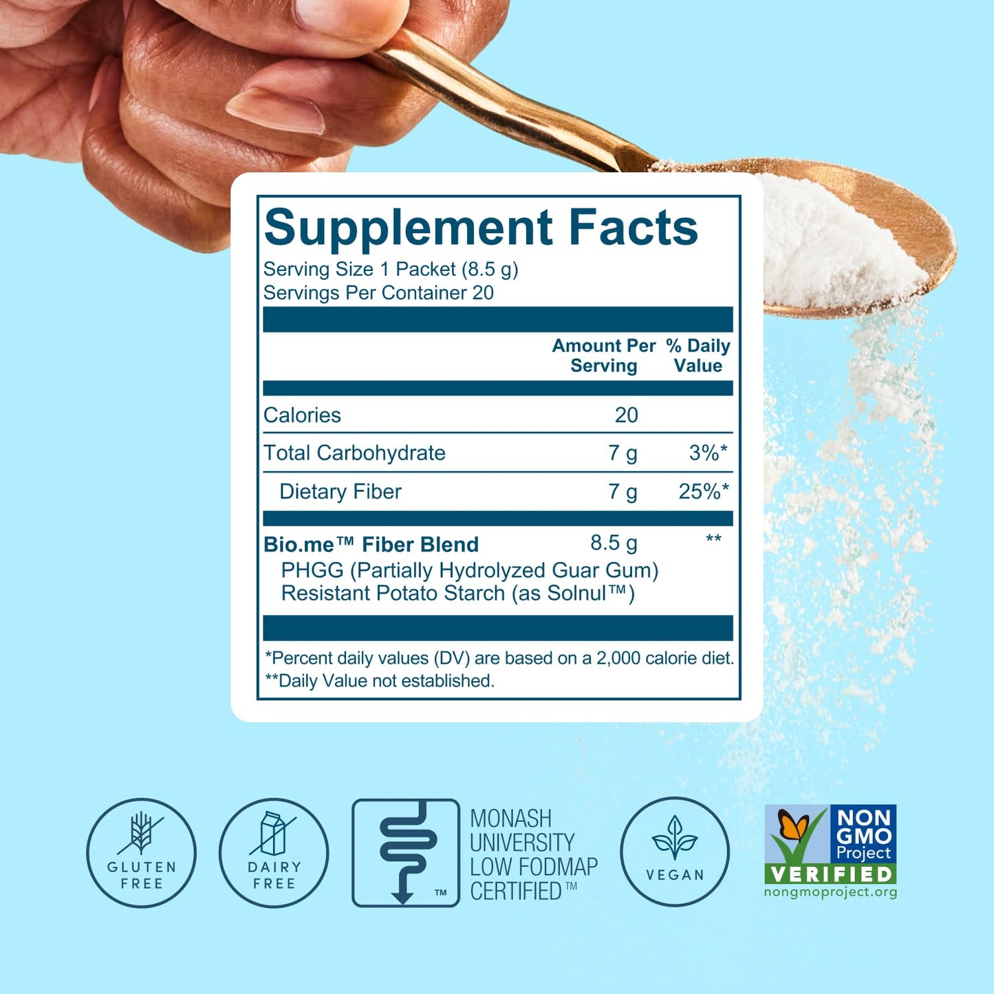 Bio.me Daily Prebiotic Fiber Powder Unflavored — 20 Travel Packs, 7g per Serving