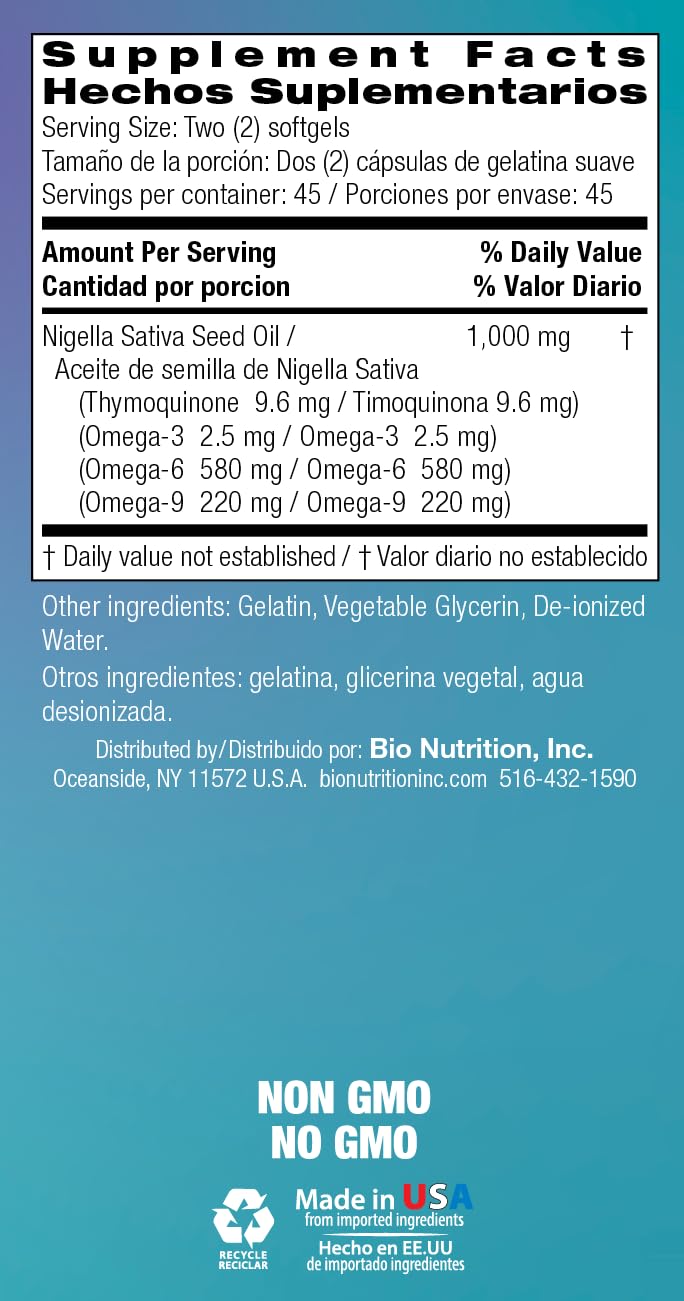 Bio Nutrition Black Seed Oil Premium 90 Softgels – Cold Pressed for Hair & Skin