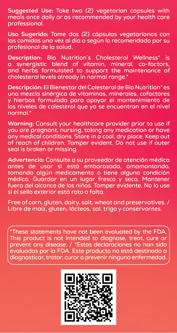 Bio Nutrition Cholesterol Wellness 60 Vegetarian Capsules | Natural Formula | High in Nutrients