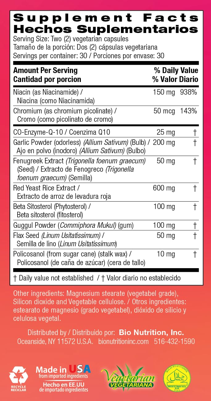 Bio Nutrition Cholesterol Wellness 60 Vegetarian Capsules | Natural Formula | High in Nutrients
