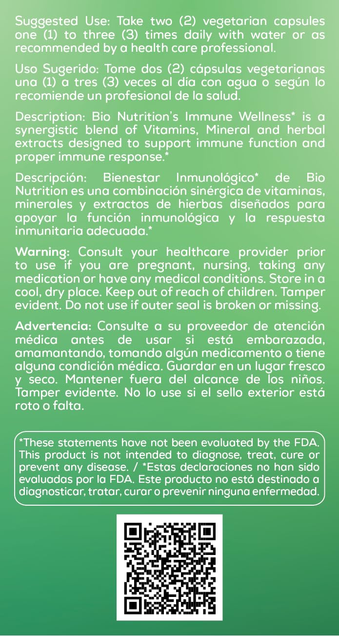 Bio Nutrition Immune Wellness Supplement — 60 Vegetarian Capsules | Olive Leaf & Oregano