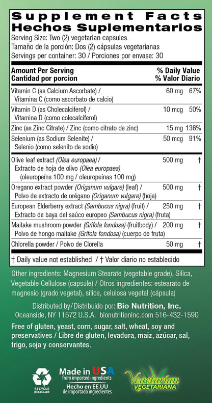 Bio Nutrition Immune Wellness Supplement — 60 Vegetarian Capsules | Olive Leaf & Oregano