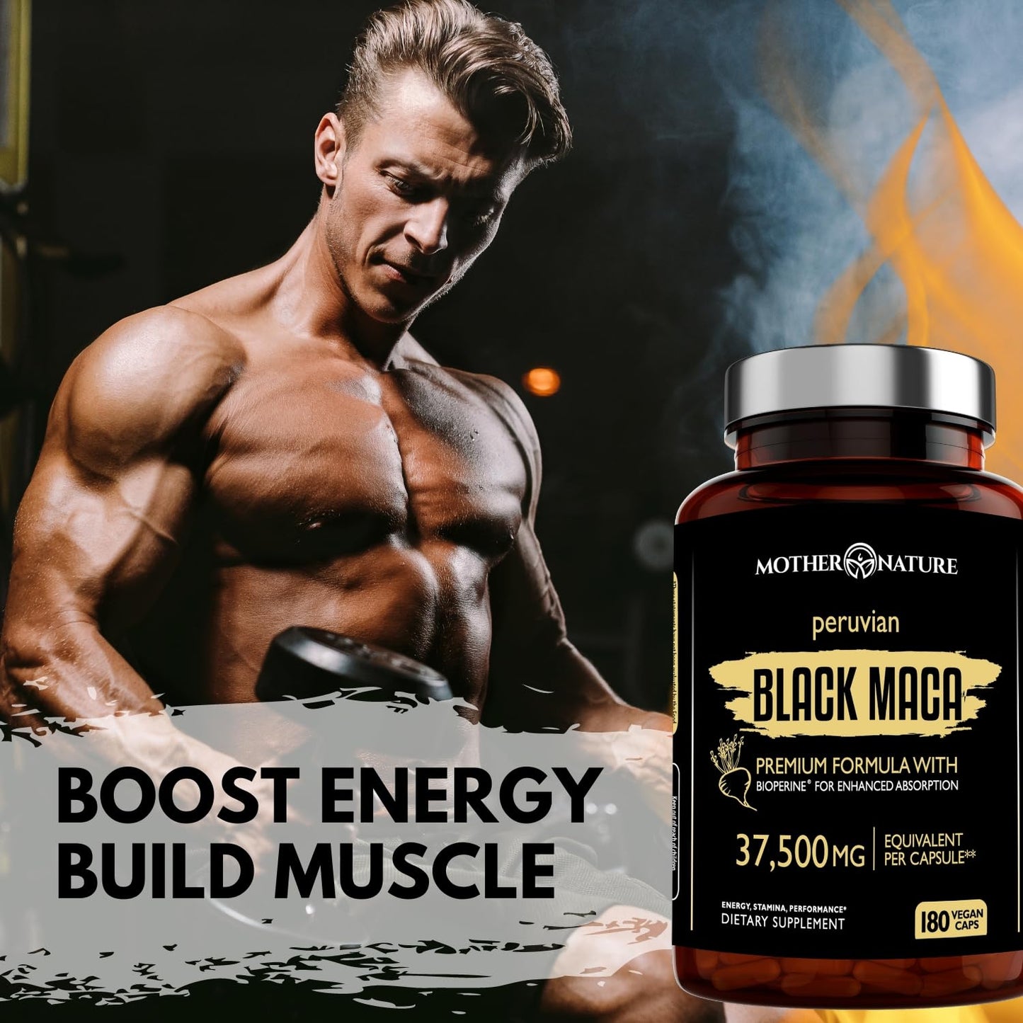 Mother Nature Black Maca 50:1 Extract – 37,500mg per Serving, 180 Vegan Capsules for Men