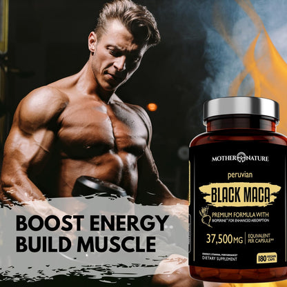 Mother Nature Black Maca 50:1 Extract – 37,500mg per Serving, 180 Vegan Capsules for Men