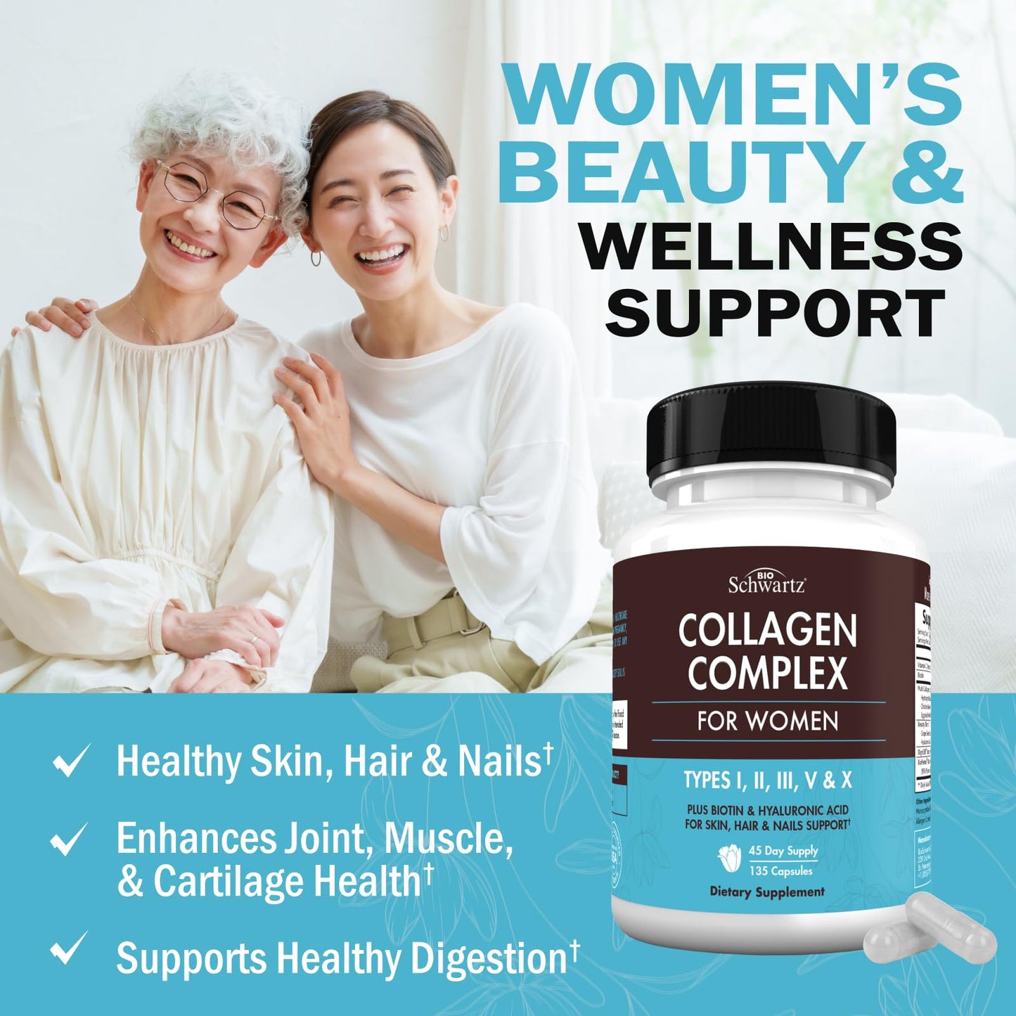 BioSchwartz Hydrolyzed Collagen Peptide Capsules – Multi-Collagen for Skin, Hair & Nails (Types I, II, III, V, X) with Vitamin C, Biotin, Keratin & Hyaluronic Acid – 135ct