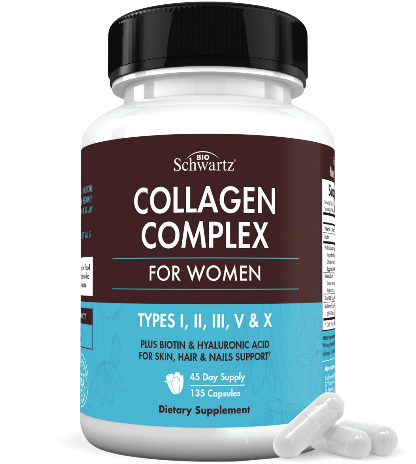 BioSchwartz Hydrolyzed Collagen Peptide Capsules – Multi-Collagen for Skin, Hair & Nails (Types I, II, III, V, X) with Vitamin C, Biotin, Keratin & Hyaluronic Acid – 135ct