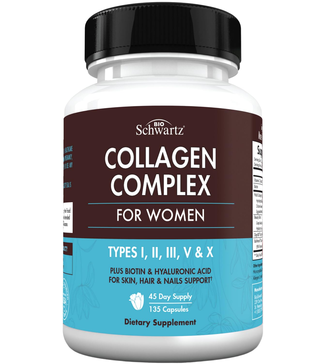 BioSchwartz Hydrolyzed Collagen Peptide Capsules – Multi-Collagen for Skin, Hair & Nails (Types I, II, III, V, X) with Vitamin C, Biotin, Keratin & Hyaluronic Acid – 135ct