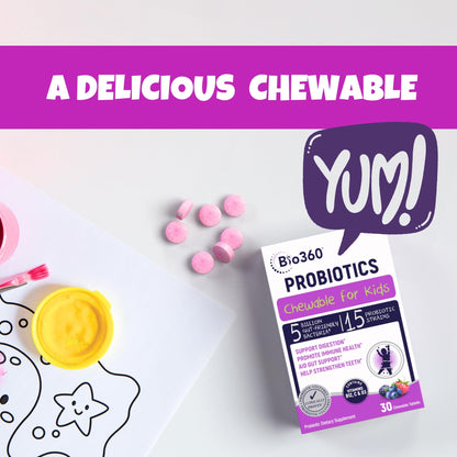 Bio360 Probiotics for Kids – 15 Strains, 5B CFU, Mixed Berry (30 Chews)