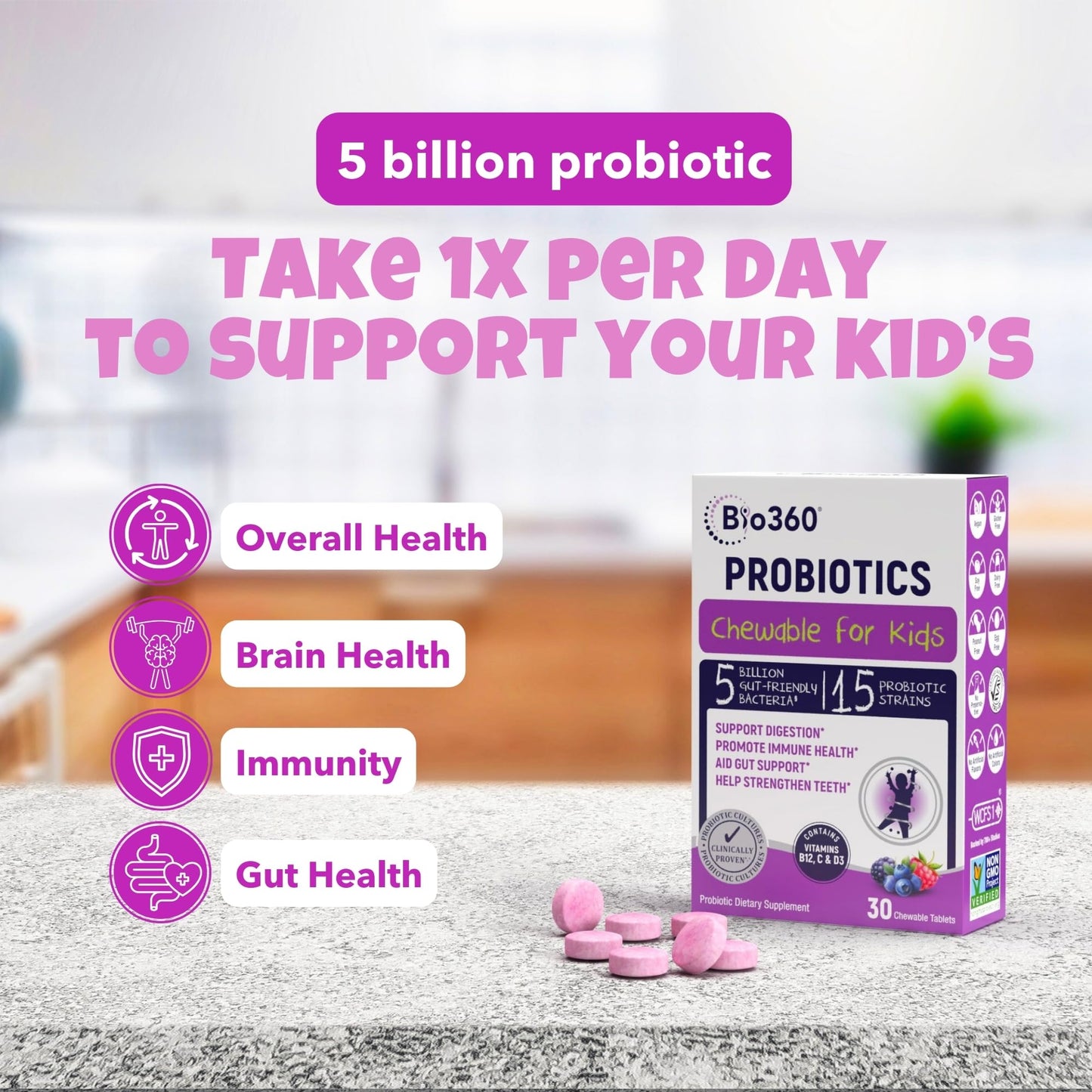 Bio360 Probiotics for Kids – 15 Strains, 5B CFU, Mixed Berry (30 Chews)