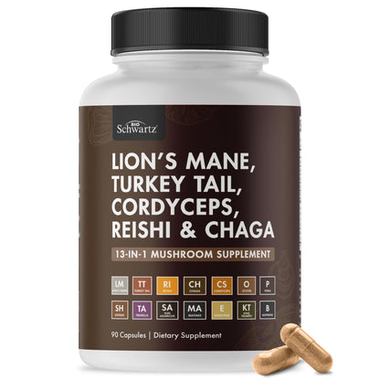 BioSchwartz 13-in-1 Mushroom Complex Capsules | Organic Lions Mane, Chaga, Reishi, Cordyceps | BioPerine - 90 Count