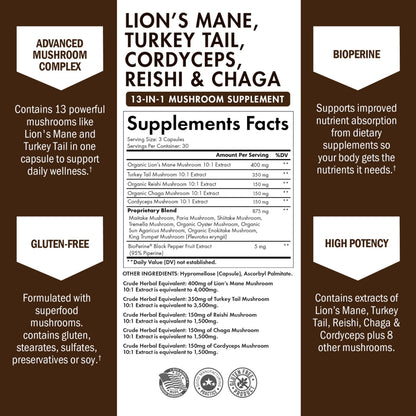 BioSchwartz 13-in-1 Mushroom Complex Capsules | Organic Lions Mane, Chaga, Reishi, Cordyceps | BioPerine - 90 Count