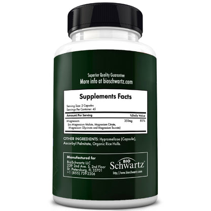 BioSchwartz Magnesium Complex Supplement – 350mg per Serving (90 Capsules) – Vegan, Gluten-Free, Non-GMO