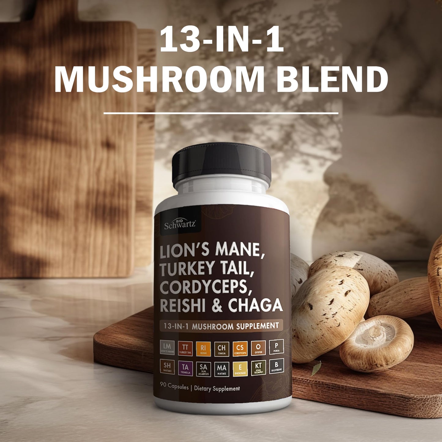 BioSchwartz 13-in-1 Mushroom Complex Capsules | Organic Lions Mane, Chaga, Reishi, Cordyceps | BioPerine - 90 Count