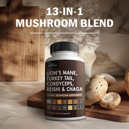 BioSchwartz 13-in-1 Mushroom Complex Capsules | Organic Lions Mane, Chaga, Reishi, Cordyceps | BioPerine - 90 Count