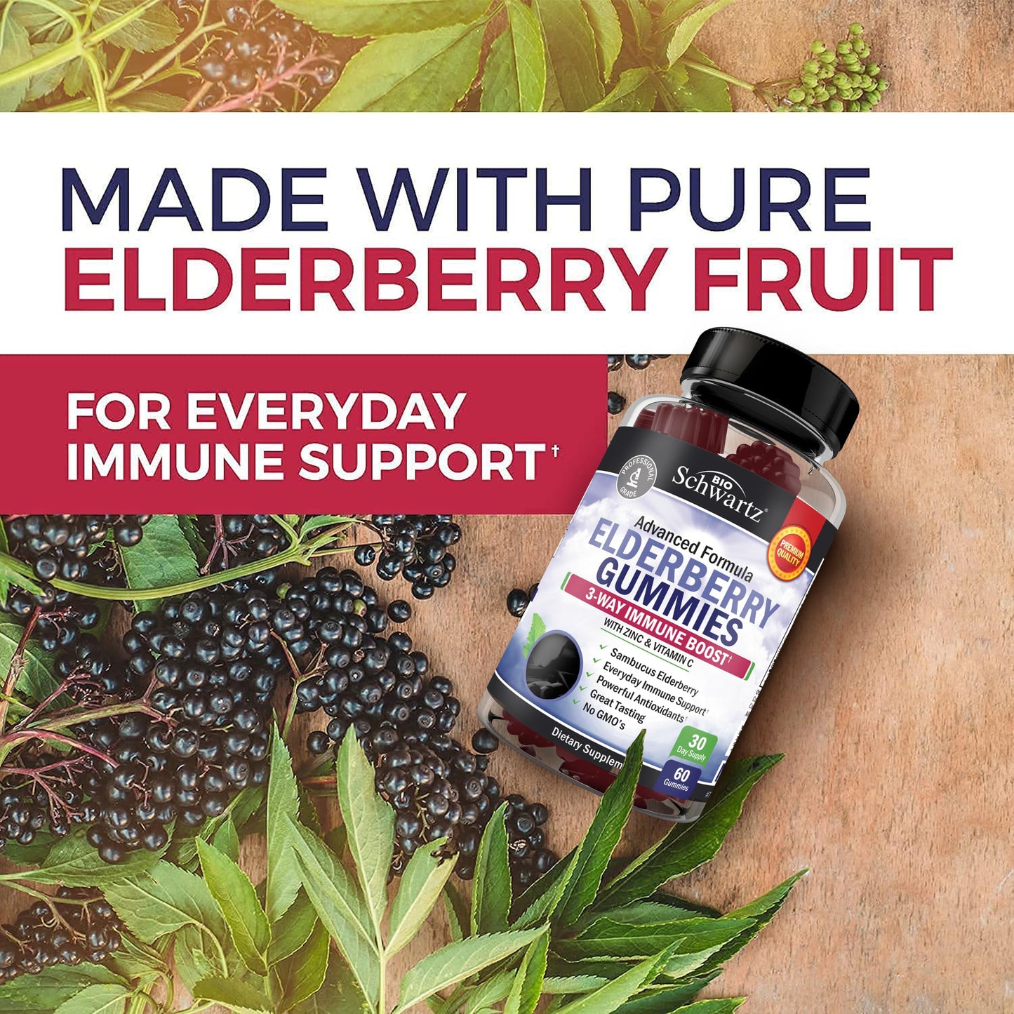 BioSchwartz Elderberry Gummies with Zinc & Vitamin C – Immune Support for Adults & Kids | 60 Count