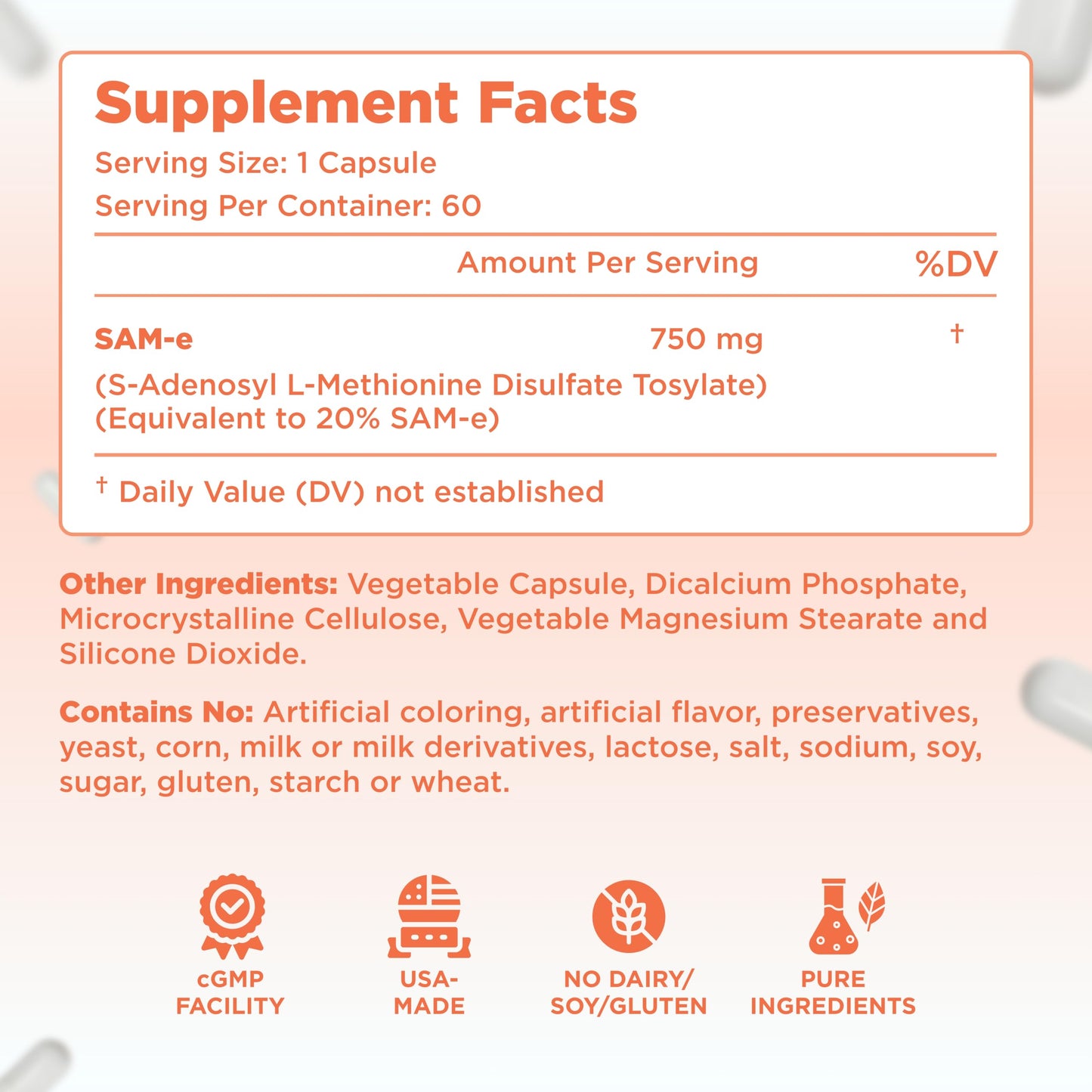 Bioactive SAM-e 750mg – High Strength S,S Form | Liver & Mood Support – Vegan, Non-GMO, Preservative Free – Made in USA | 60 Capsules