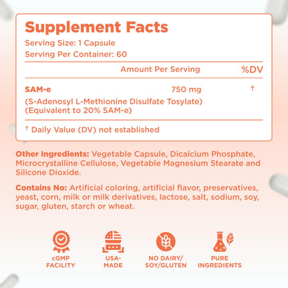 Bioactive SAM-e 750mg – High Strength S,S Form | Liver & Mood Support – Vegan, Non-GMO, Preservative Free – Made in USA | 60 Capsules