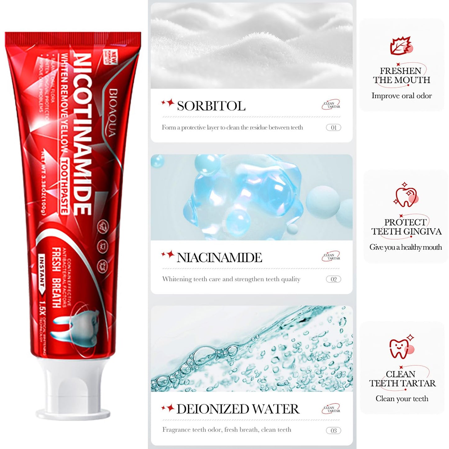 BIOAQUA 1.5X Instant Whitening Toothpaste – Balance Oral Flora, Fresh Breath 100g
