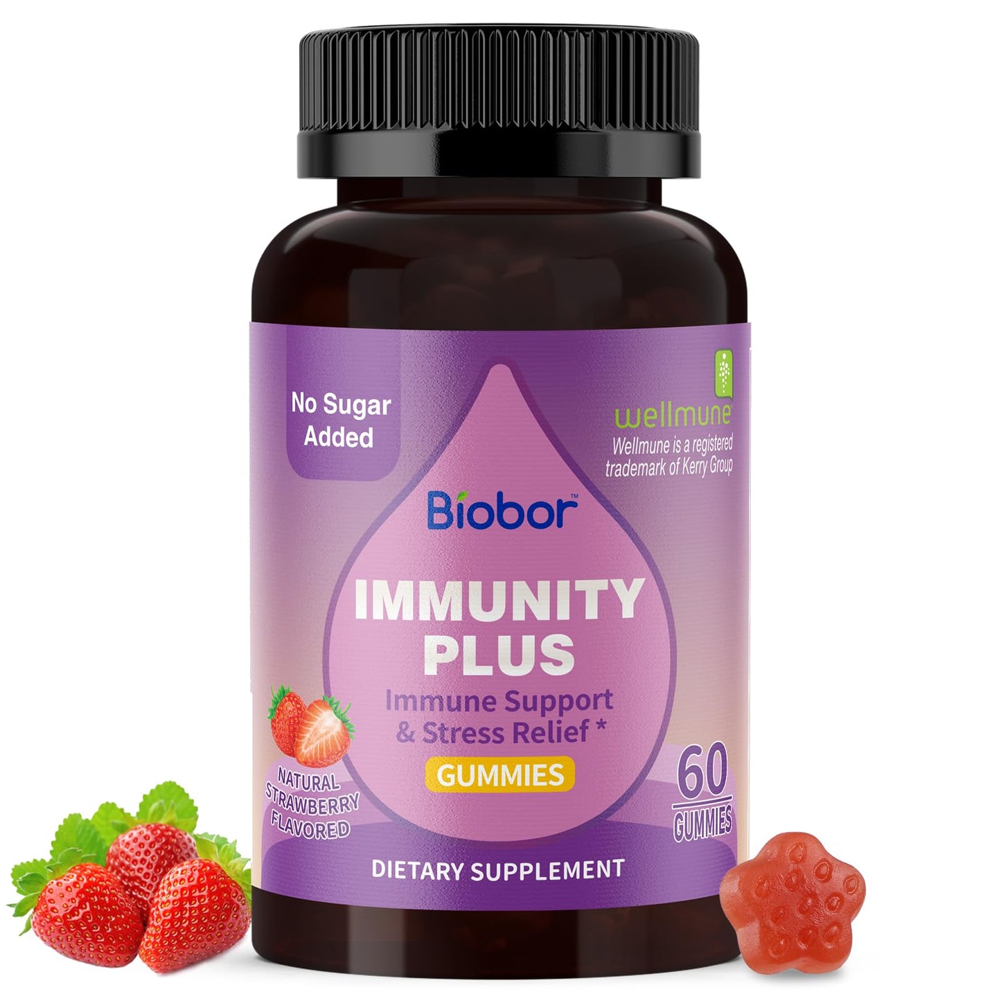 Biobor 4 in 1 Immunity Gummies – Wellmune, KSM-66, Vitamin C & D3 (Strawberry, 60 Count)