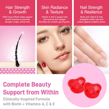 Biobor Beauty Gummies No Sugar Added – Biotin 6000mcg for Hair, Skin & Nails