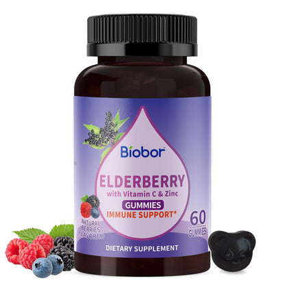 Biobor Natural Black Elderberry Gummies 150mg – ElderCraft® Immune Support with Vitamin C & Zinc (60 Count)