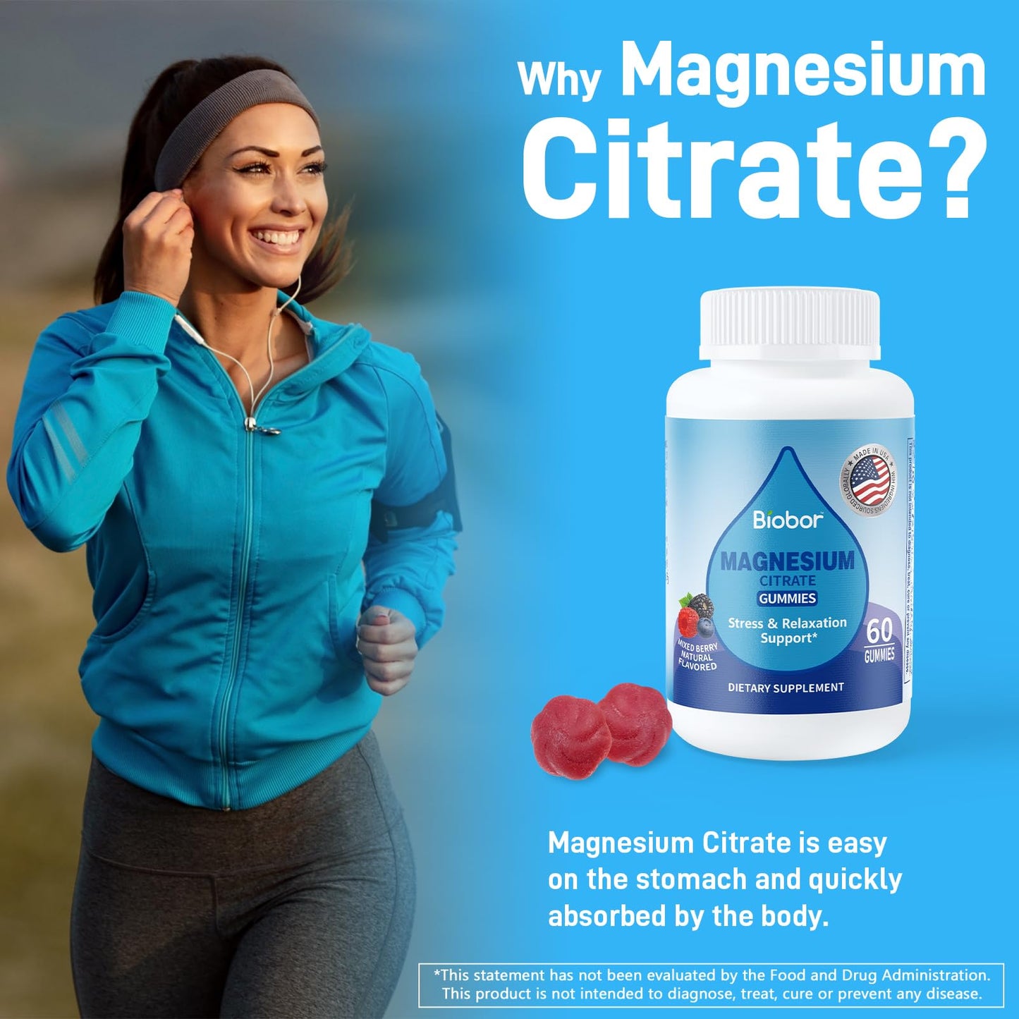 Biobor Magnesium Citrate Gummies 200mg – For Leg Cramps, Stress & Muscle Health (Gluten Free, Vegetarian)
