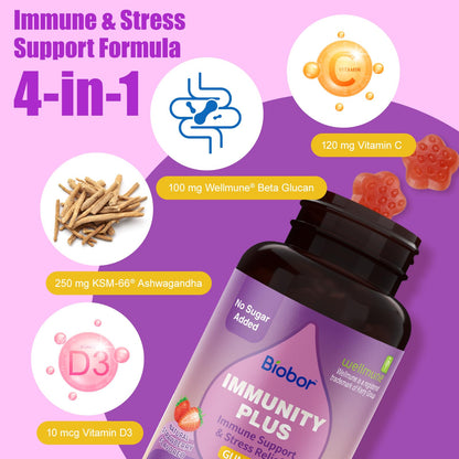 Biobor 4 in 1 Immunity Gummies – Wellmune, KSM-66, Vitamin C & D3 (Strawberry, 60 Count)