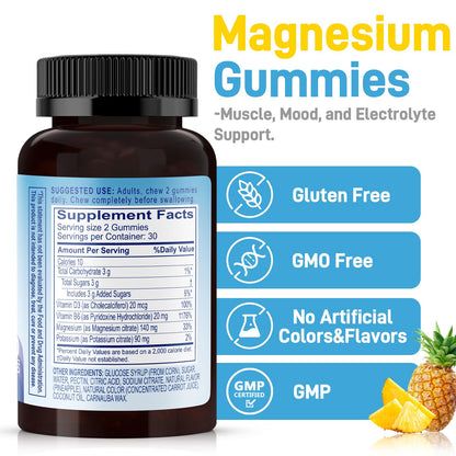 Biobor Potassium Magnesium Gummies - Electrolyte Balance, D3 & B6 (Pineapple, 60 Count)