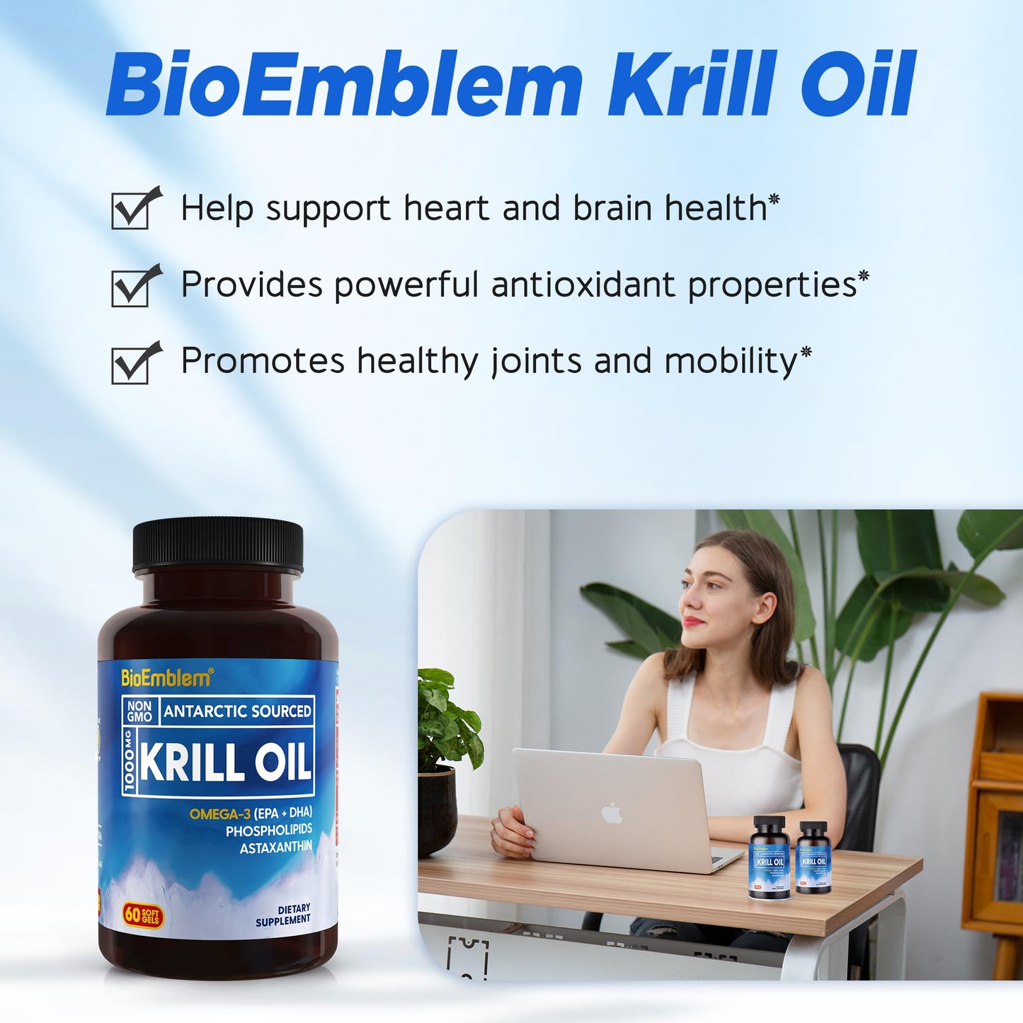 BioEmblem 3 Pack Antarctic Krill Oil 1000mg Softgels – Omega-3 EPA/DHA, Astaxanthin, Phospholipids, Non-GMO, Gluten Free, 180-Count