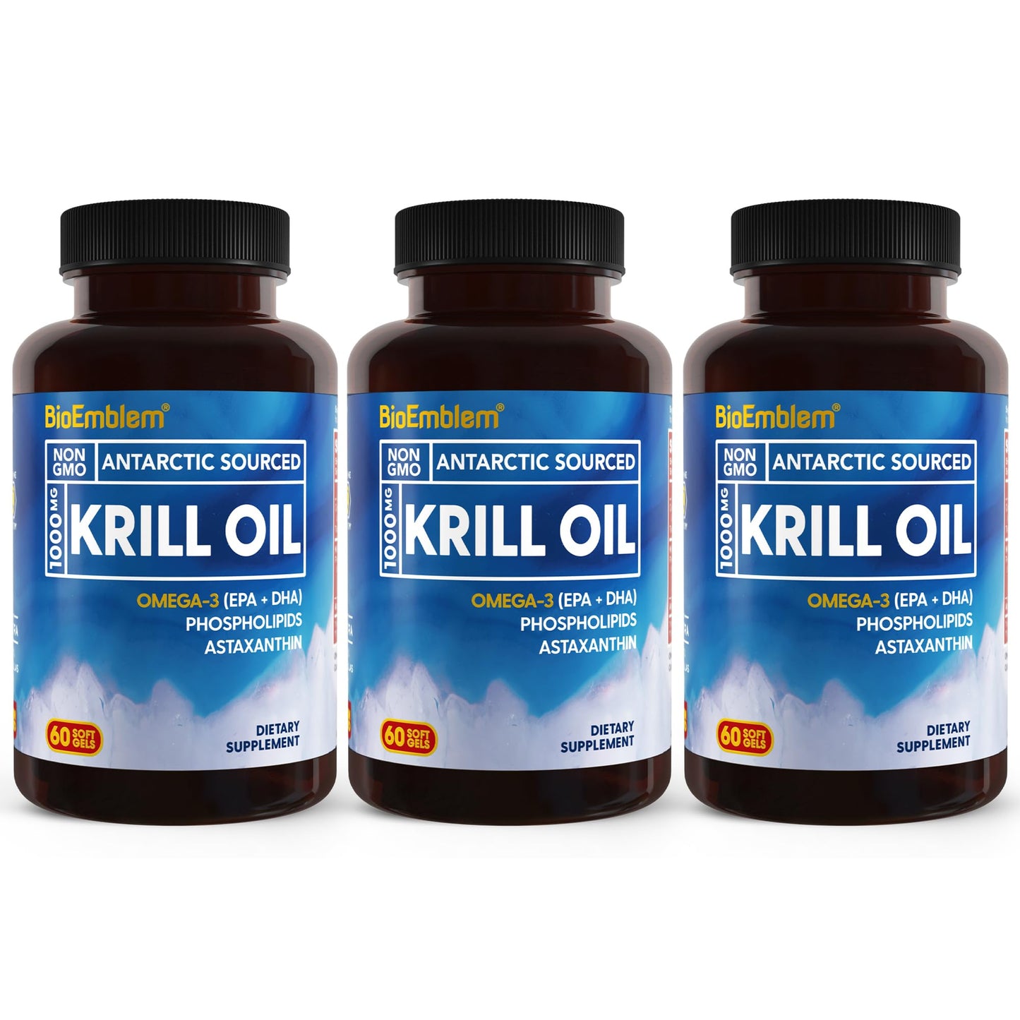 BioEmblem 3 Pack Antarctic Krill Oil 1000mg Softgels – Omega-3 EPA/DHA, Astaxanthin, Phospholipids, Non-GMO, Gluten Free, 180-Count