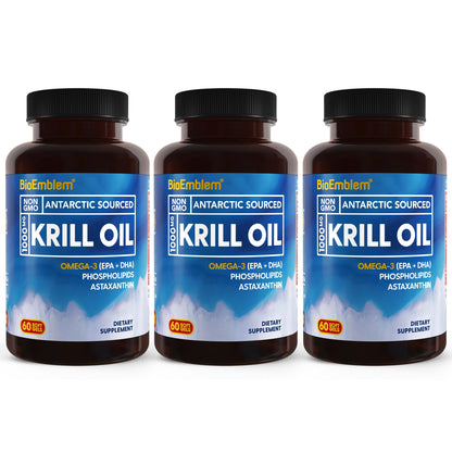 BioEmblem 3 Pack Antarctic Krill Oil 1000mg Softgels – Omega-3 EPA/DHA, Astaxanthin, Phospholipids, Non-GMO, Gluten Free, 180-Count