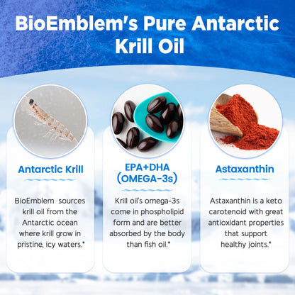 BioEmblem 3 Pack Antarctic Krill Oil 1000mg Softgels – Omega-3 EPA/DHA, Astaxanthin, Phospholipids, Non-GMO, Gluten Free, 180-Count