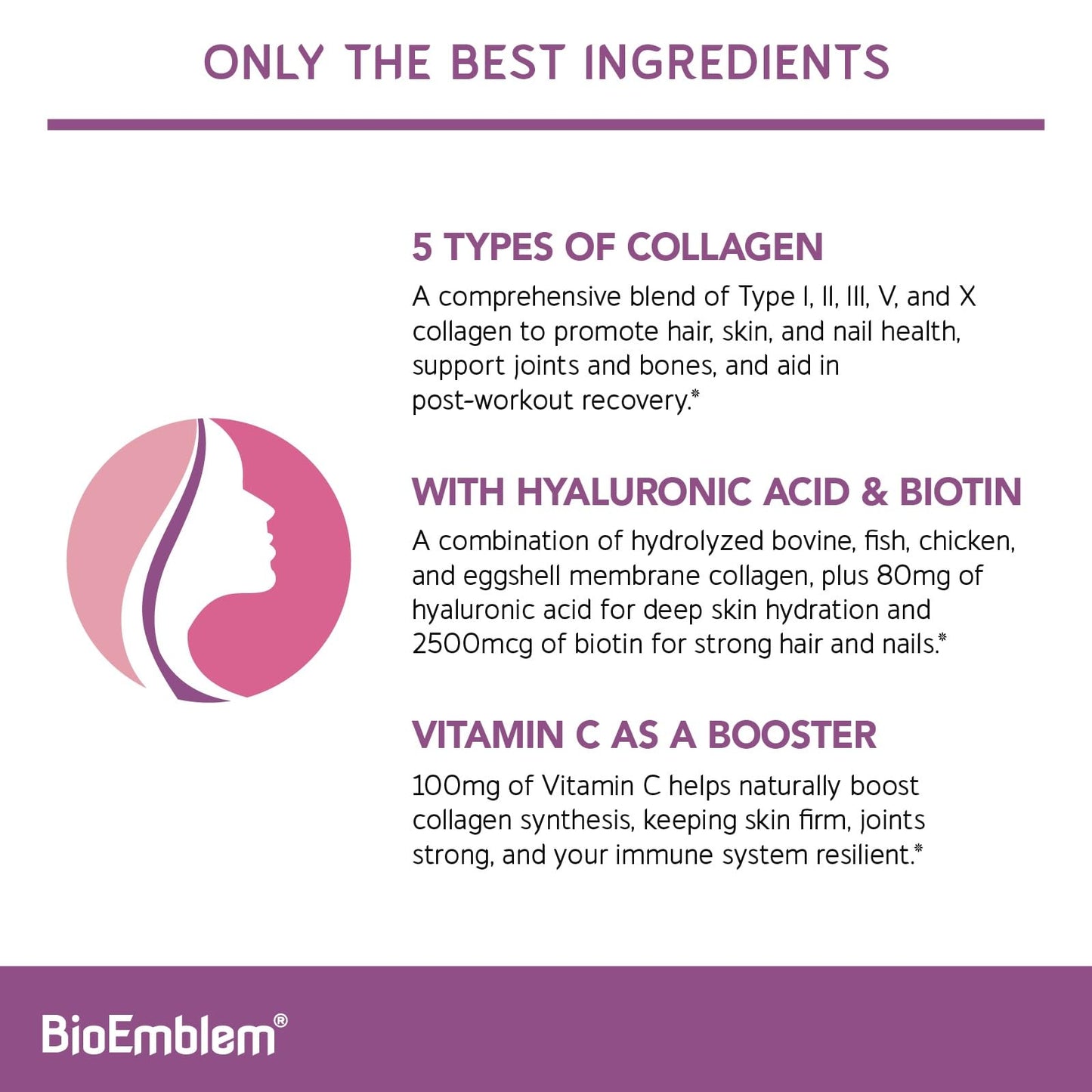 BioEmblem Beauty Collagen – 11G Hydrolyzed Multi-Collagen Peptides, Hyaluronic Acid, Vitamin C & Biotin – 30 Servings