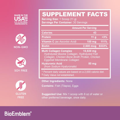 BioEmblem Beauty Collagen – 11G Hydrolyzed Multi-Collagen Peptides, Hyaluronic Acid, Vitamin C & Biotin – 30 Servings