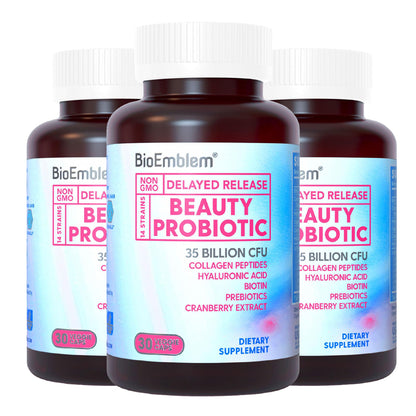 BioEmblem Beauty Probiotics for Women – 35B CFU, 14 Strains, Biotin & Collagen, 90 Caps