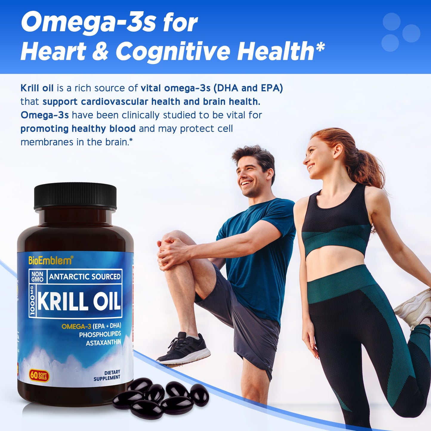 BioEmblem 3 Pack Antarctic Krill Oil 1000mg Softgels – Omega-3 EPA/DHA, Astaxanthin, Phospholipids, Non-GMO, Gluten Free, 180-Count