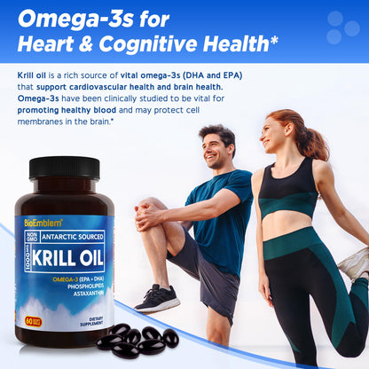 BioEmblem 3 Pack Antarctic Krill Oil 1000mg Softgels – Omega-3 EPA/DHA, Astaxanthin, Phospholipids, Non-GMO, Gluten Free, 180-Count