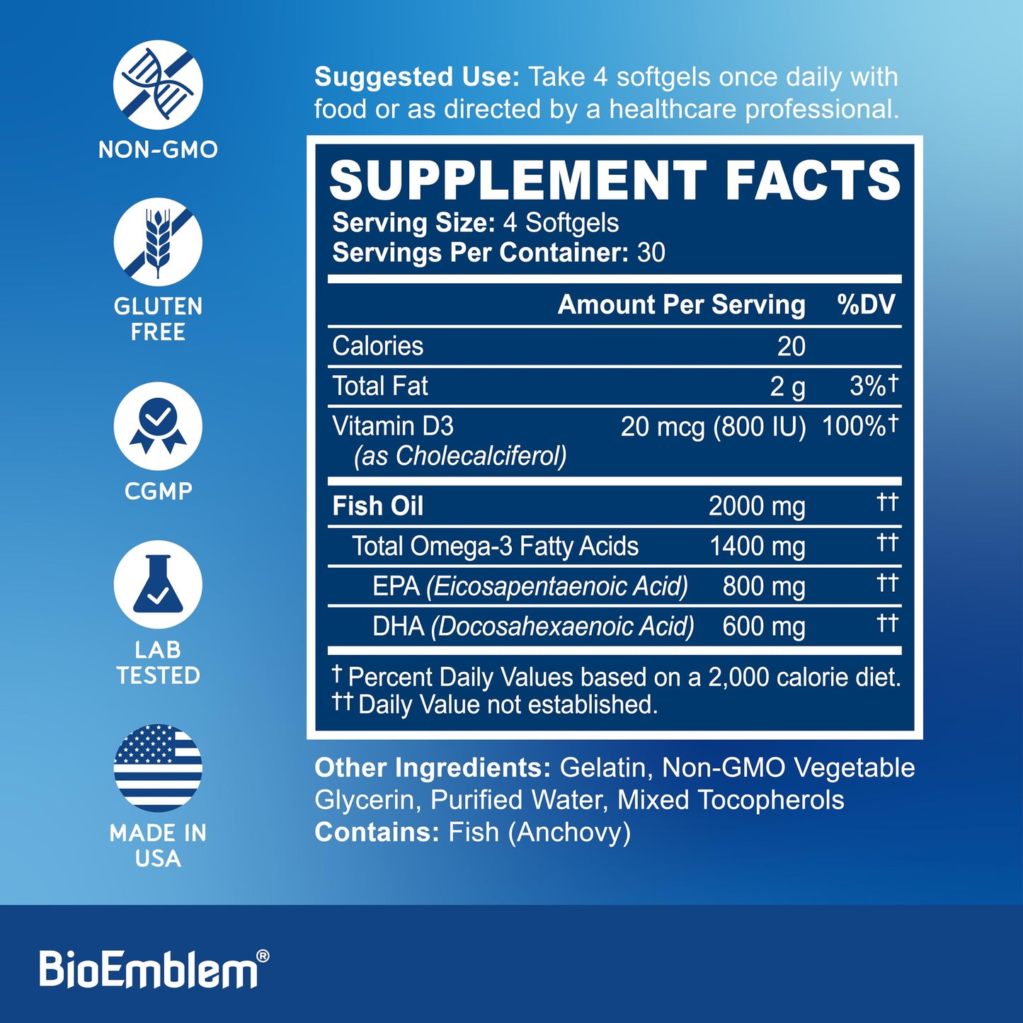 BioEmblem Omega-3 Fish Oil 2000mg | 360 Softgels | Vitamin D3 | Non-GMO