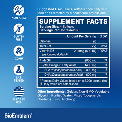 BioEmblem Omega-3 Fish Oil 2000mg | 360 Softgels | Vitamin D3 | Non-GMO