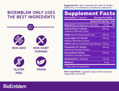 BioEmblem Natural Sleep Aid for Adults | Melatonin, Valerian, Suntheanine | 60 Capsules | 3 Pack