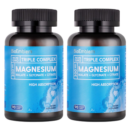 BioEmblem Triple Magnesium Complex 300mg | Glycinate, Malate & Citrate | Vegan 180 Capsules