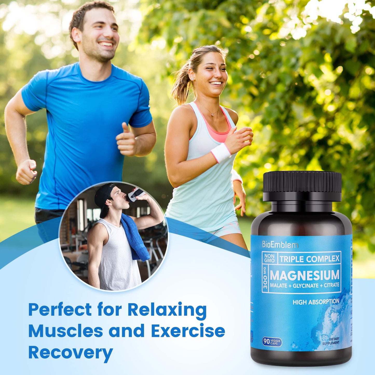 BioEmblem Triple Magnesium Complex 300mg | Glycinate, Malate & Citrate | Vegan 180 Capsules
